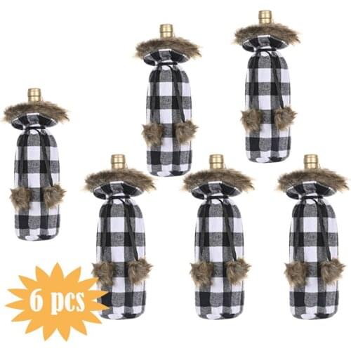 6pcs Red and Black Grid Bottle Cover Gift Bag Winter Wine Bottle Cover with Pompom Ball Pendent for Christmas Party and Events