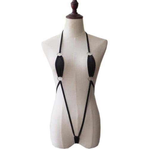 Bikini 2020 Sexy Solid color Hanging neck Tether Metal ring link Exposed swimwear women one piece swimsuit women biquini bikinis