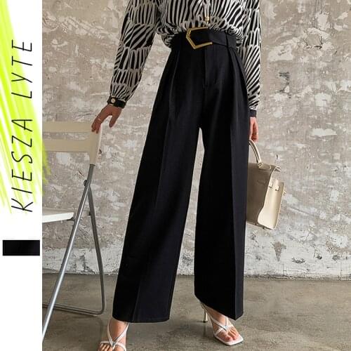 Women Wide Legg Pants Black Tube Loose Belted Pants Office Lady High Waist Pants Solid Color Black Loose Pantalon Femme Trousers