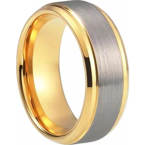 8 mm golden stainless steel jewelry wedding ring suitable for couples tungsten wire ring step bevel silver brushed ring