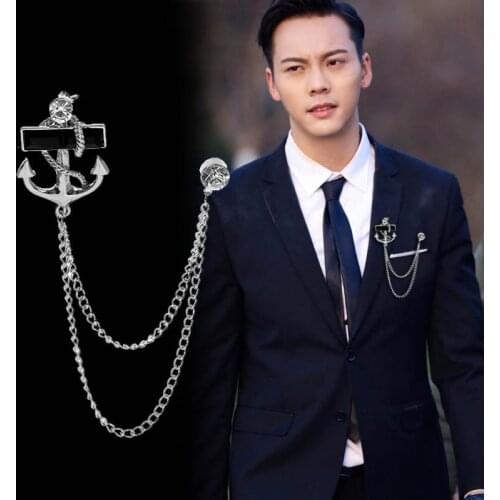 Korean Fashion New Tassel Anchor Brooch with Chain Fringed Metal Brooches Lapel Pin Badge Male Suit Men Accessories