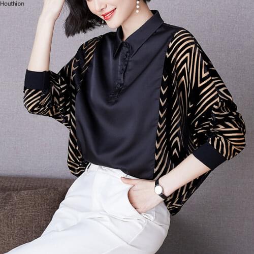 Silk Womens Blouse Plus Size Polo Casual Girls Shirt New Loose Long Sleeve Top Print Fashion Lady Blusas Houthion