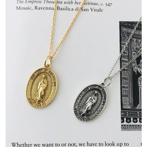 Lispector 925 Sterling Sliver Retro Our Lady Pendant Necklace for Women Vintage Christian Carved Oval Necklace Religious Jewelry