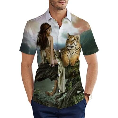 FashionPrint Mens Casual Shirts Cartoon Forest Beauty And Tiger Print Fashion Floral Shirt