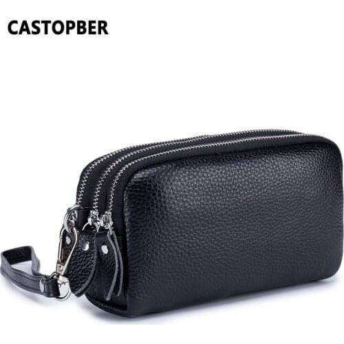 Fashion Ladies Cow Genuine Leather Day Clutches Purses 3 Layer Zipper Wallet Hand Wallets For Women Suit For 6.5" Cell Phone Bag