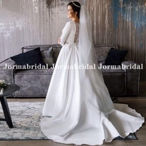 Cheap Modest Wedding Dresses With Rhinestons 2021 Long Sleeves Satin Bridal Gown Lace Back Elegant Vestido De Noiva Bridal Dress