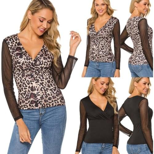 Mesh Stretch Tshirt Women Aesthetics Leopard Black T-Shirt Sexy Printing V-Neck Casual Long-Sleeved Shirt Autumn