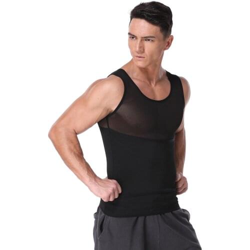 New European and American mens body sculpting vest waist and abdomen three-breasted mesh fabric body