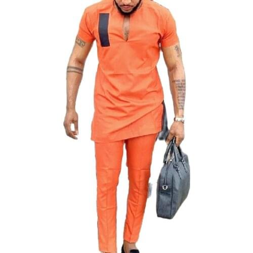 African clothes Mens Short Sleeve Shirts V-neck Fashion Patchwork Tops+Trousers Custom Made Outfits Orange Color Pant Set