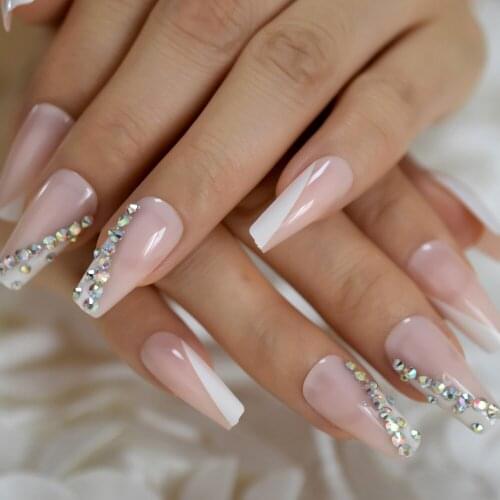 Long Wholesale False Nails Unilateral French Coffin Design Nail Press On With Adhesive Taps 24 pcs