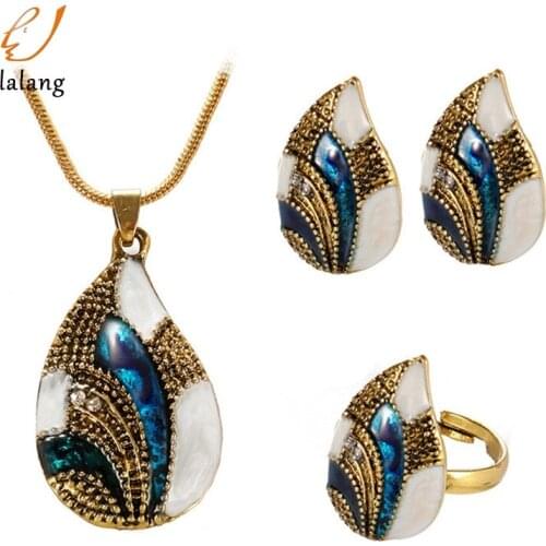 Personality Shell Water Drop Shape Long Pendent Necklace Stud Earrings Ring Women Wedding Jewelry Sets