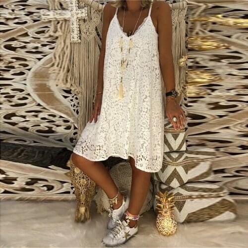 Women Dress Summer Sweet Style Solid Color Sleeveless V-neck Sling Lace Loose Suspender Mini Dress Female Ladies Clothes New