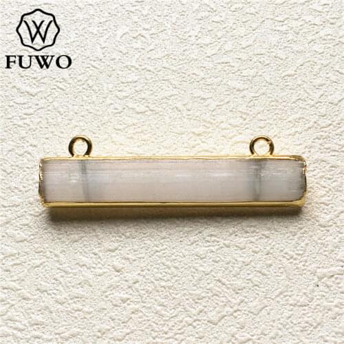 FUWO Natural Selenite Crystal Blade Pendants With Gold Filled Edge Fashion Double Bails White Satin Spar Jewelry Wholesale PD195