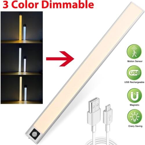 3 Color Adjustable PIR Motion Sensor LED Closet Light Dimmable Kithchen Cabinet Lamp USB Rechargeable For Wardrobe Locker