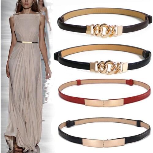 Fashion Belts For Women Skinny Metal Gold Buckle Waist Belt PU Leather Thin Belt Elastic Waistband Female Dress Accessories