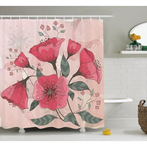 Pink Decor Shower Curtain Hand Drawn Watercolored Effect Flowers Vintage Retro Print Home Decoration Bathroom Curtains
