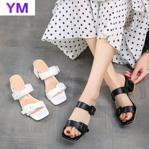 Womens Sandals Beach Buckle Open Toe Square Heels Genuine Leather Summer Zapatillas Casa Mujer Sapato Feminino Black White