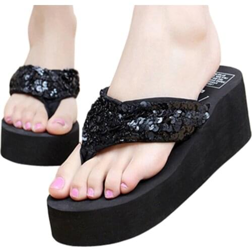 Women Flip Flop Cool Slipper Female Drag Slope With Flange Paillette Slippers Sandy Beach Non-slip Foot Dragging Shoes