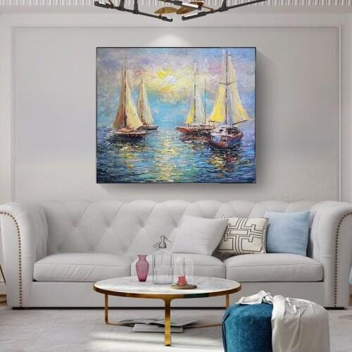 Modern oil painting living room decoration painting hand-painted sea sunrise seascape hanging paintings knife painting unframed