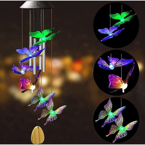 LED Light Solar Powered Wind Chime Light Color Changing Hummingbird Butterfly Hanging Lamp Outdoor Garden Decor Home Lighting