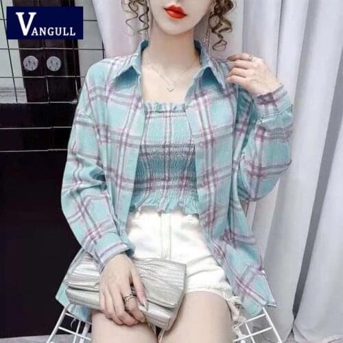 Vangull Plaid Blouse Camisole Two Piece Set Women 2021 Lapel Long Sleeve Casual Shirt Female Single Breasted Vintage Button Top
