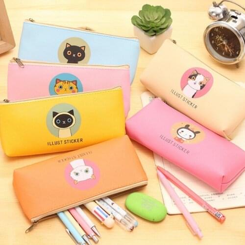 Kawai Korean version of the cute PU large capacity pencil bag creative waterproof cute cat storage bag school office stationery
