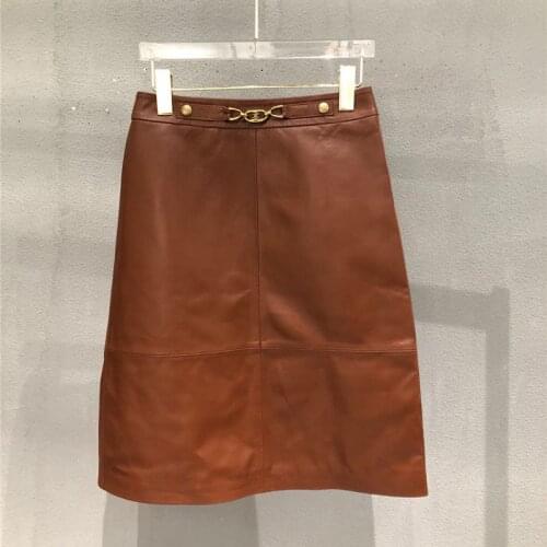 High Quality Autumn Camel Sheepskin Leather Skirt for Women Winter Casual Solid Real Leather Office Lady Knee-Length Skirt