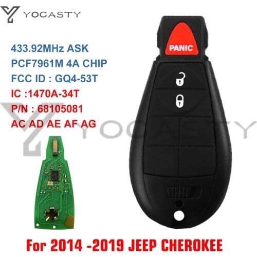 YCOASTY GQ4-53T 4A Chip Fobik Remote Key For Jeep Cherokee 2014 2015 2015 2017 2018 2019 PN 68105081 AC AD AF AG 433MHz 7961M