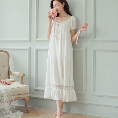 Women Short Sleeves Nightgown Summer New Slash Neck Sleepwear Cotton White Lace Loose Nightgowns Long Sleep Shirt Nightdress