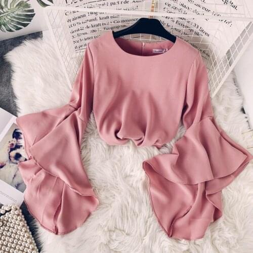 2019 spring autumn new women O-neck flare sleeve chiffon blouses shirt female solid color elegant shirts womens tops