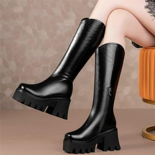 Winter Thigh High Creepers Women Genuine Leather Chunky High Heels Motorcycle Boots Female Round Toe Platform Pumps Casual Shoes