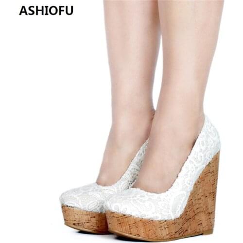 ASHIOFU Handmade Womens Wadge Heel Pumps Air-mesh Slip-on Party Prom Dress Shoes Club Fashion Court Shoes