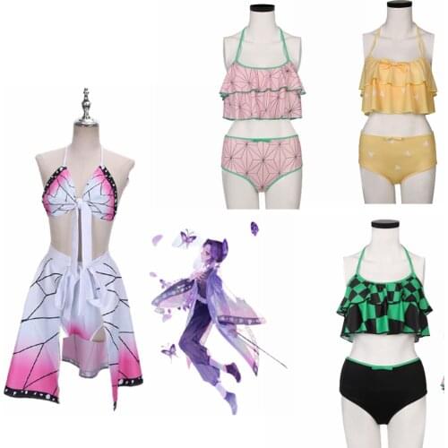 Demon Slayer Cosplay Kimetsu No Yaiba Kamado Tanjirou Two Piece Bathing Suit Bikini Swimsuit Women Anime Summer Beach Swimswear