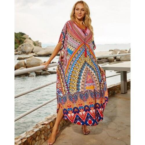 Mandala Print Kaftan Womens Loose Fit Flowy Round Hem Floor Length Maxi Dress Plus Size Versatile Resortwear BOHO Ethnic Caftan