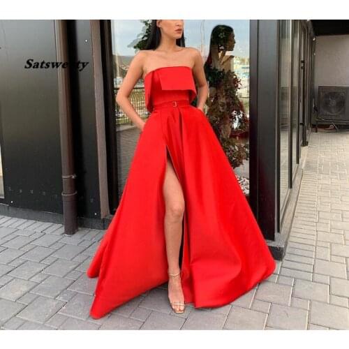 Robe De Soiree Red Evening Dress Long 2020 Satin Side Slit Formal Party Gowns Sleeveless Abiye Gece Elbisesi