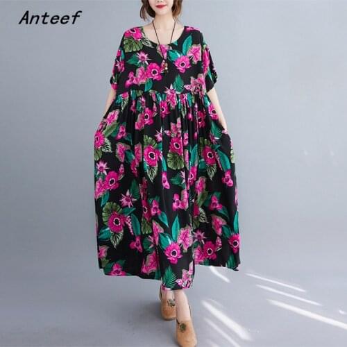 Short sleeve cotton vintage floral dresses for women casual loose long woman summer dress elegant clothes 2021