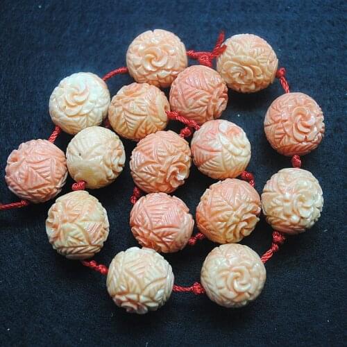 16pcs pink carving beads round shape stone powder material size 18mm for women bracelets making accessories top fashion diy bead