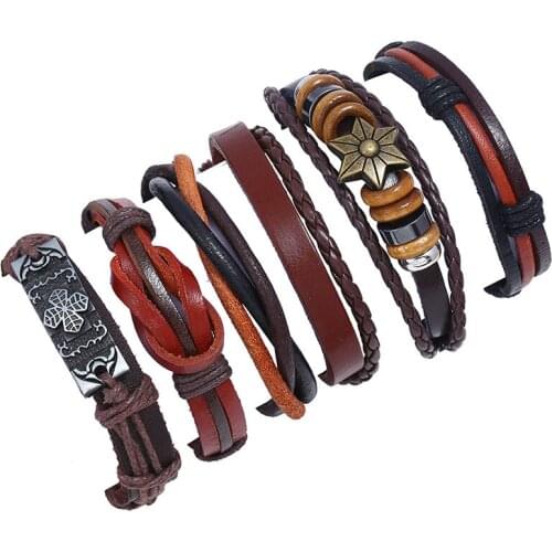 2019 Vintage Adjustable Leather Bracelets Set For Man Women Rope Chain Multiple Layers Charm Bracelet Punk Jewelry Accessories