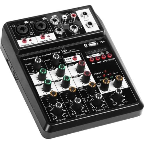 Bluetooth Wireless 4-channel Audio Mixer Portable Sound Mixing Console USB Interface Audio mixer for Home DJ Karaoke PC Record