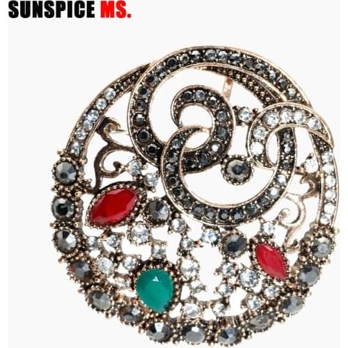 SUNSPICE MS Retro Vintage Turkish Brooch For Women Round Flower Hollow Out Ethnic Scarf Pins Ethnic Traditional Jewelry Gifts