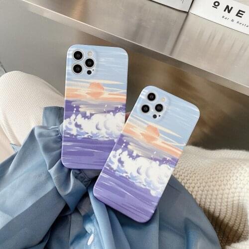 Retro Sunset glow Clouds Wave oil painting Japanese Phone Case For iPhone 11 12 Pro Max Xr Xs Max 7 8 Plus 7Plus case Cute Cover