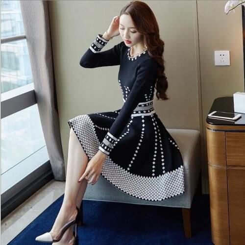 Black Knitted Dress Spring Autumn Womens Clothing Large Size5xl New Korean Fashion Mid-Length Waist Long-Sleeved A-line Dresses