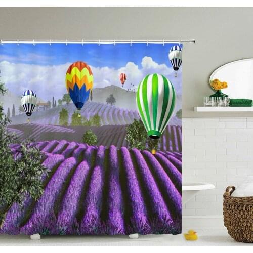 Flower Landscape Lavender Shower Curtains Bathroom Decor Bath Purple Curtains Waterproof Polyester Fabric 12 Hooks Set Mat
