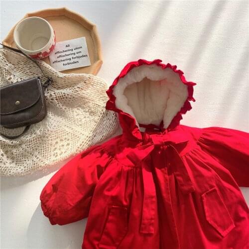 Kids Red Cotton-padded Jacket Bowknot Girls Coat Velvet Thicken Hooded Winter Fashion Solid Heavyweight Ruffle Children Clothes