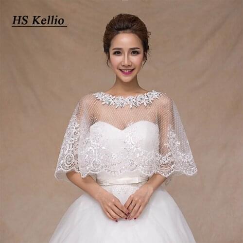 Elegant Wedding Cape Lace Appliqed Dotted Tulle Ivory Bridal Shawls Jacket