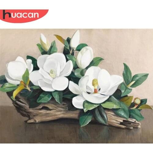 HUACAN Diamond Painting Magnolia Flowers Full Square/Round Diamond Embroidery Wood Rhinestones Picture Wall Decor