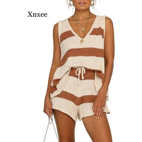 2020 Modern Women 2pcs Set Knitting Striped V-Neck Vest Tops & Shorts Sleepwear Femme Casual Loose Night Wear Homewear