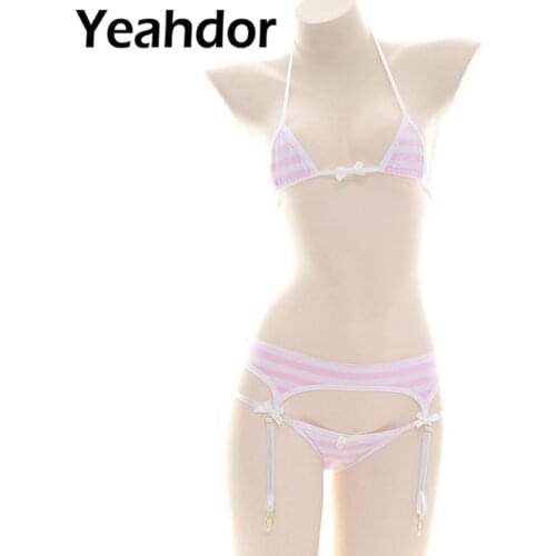 New Women Sexy Lingerie Suit Striped Exotic Underwear Cosplay Nightwear Halter Neck Lace-up Bra with G-string Garter Belt Set