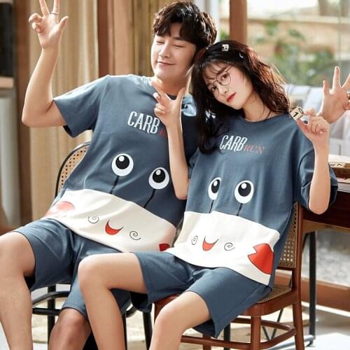 Summer Couples Pajamas Set Cotton Casual Short Sleeve Women Homewear Plus Size Loose Men Pajamas Korean Cartoon Cute Sleepwear