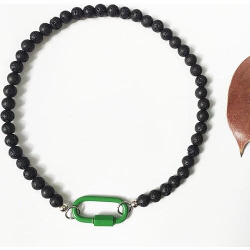 Mens Vintage Classic Natural Stone Necklace Black Volcanic Stone Colorful Stainless Steel Openable Buckle Handmade Choker 2020